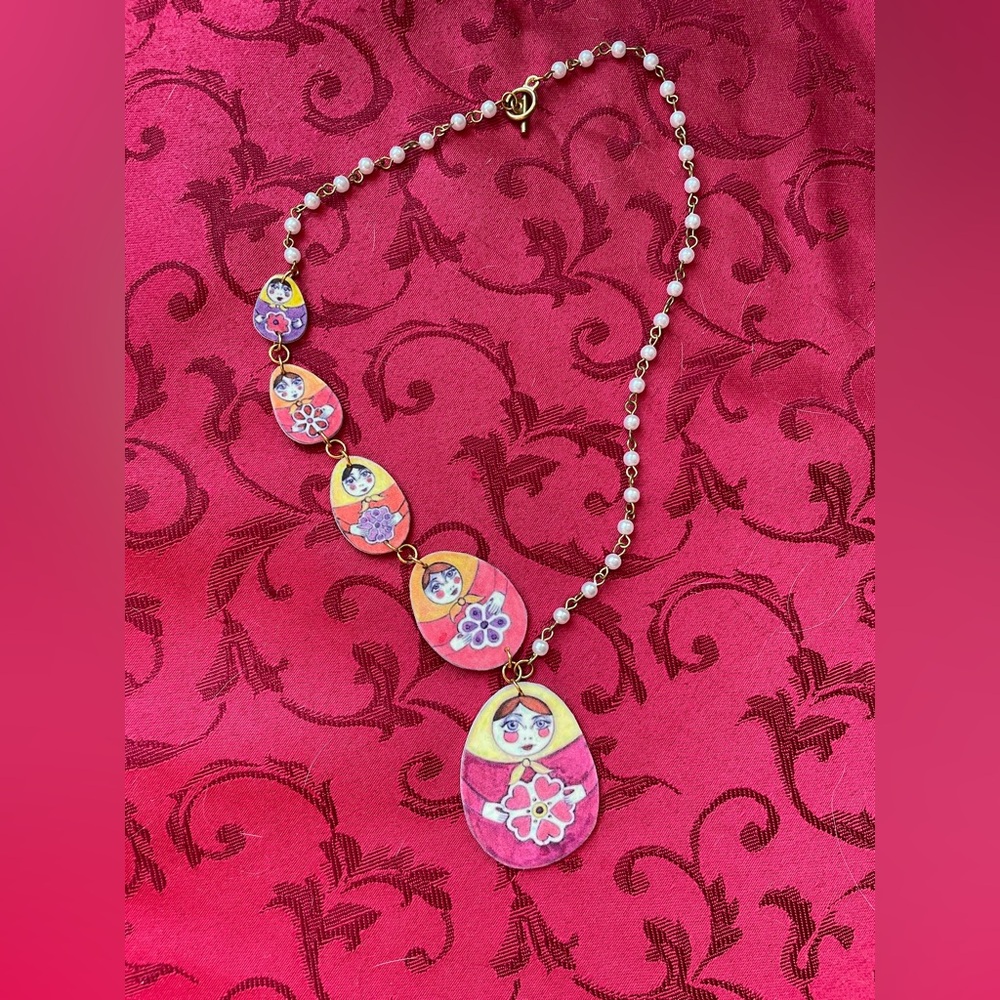 Artist-Made Pink Matryoshka Nesting Doll Necklace